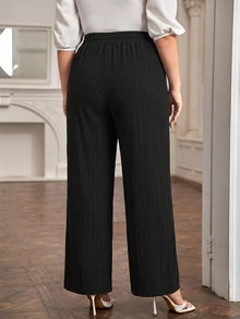 Comfylo Women's Plus Size Casual Solid Color Wide Leg Pants With Waist Tie, Autumn/Winter - Black - View 2