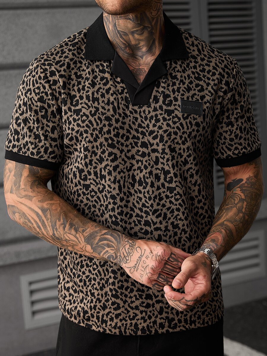 SLATEMANN Men's Leopard Print Letter Denim Short Sleeve Casual Polo Shirt - Black - View 1