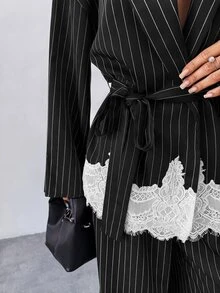 Firerie Women's Elegant 2 Pieces Set With Striped Jacket Featuring Lace Hem And Matching Pants - Black - View 7