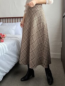 Dazy Tall Women's Plaid Elegant A-Line Long Skirt Fall - Khaki - View 9