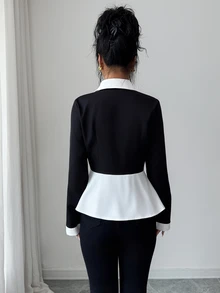Elenzga Two Tone Lapel Neck Peplum Blazer - Black and White - View 2