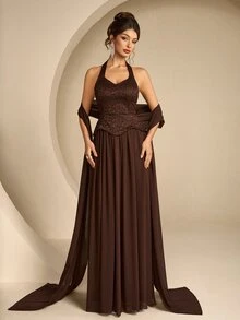 Coutiva Gaun Malam Wanita Warna Polos Berlipit Elegan yang Mempertegas Pinggang - Coffee Brown - View 7