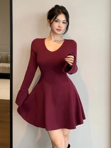 DAZY Women's Elegant Elegant Long Sleeve Sweater Dress Winter - Burgundy - View 6