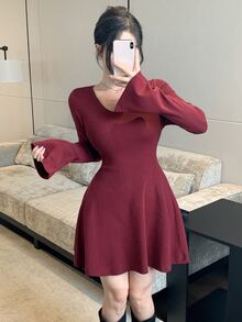 DAZY Women's Elegant Elegant Long Sleeve Sweater Dress Winter - Burgundy - View 5