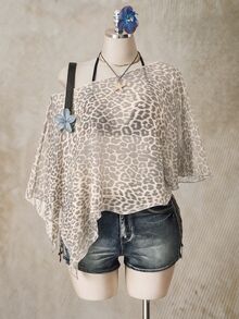 SHEIN ICON Casual Minimalist Sexy Asymmetrical Shoulder Washed White Grey Leopard Print Plus Size Mesh Women's Top - Multicolor - View 3