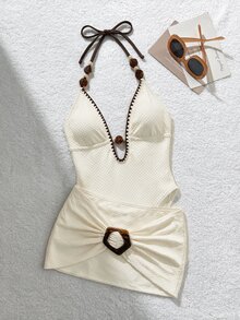 SHEIN Glamour بدلة قطعة واحدة نسائية - بيج - مشاهدة 7