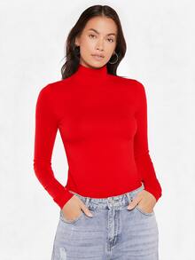 SHEIN BASICS 女款高領長袖羅紋針織修身T恤上衣，黑色 - 紅色 - 查看 4