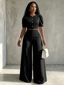 Eryvara Women's New Solid Color Summer Casual Vacation Round Neck Petal Sleeve Blouse & Loose Long Pants Two Pieces Set - Black - View 5