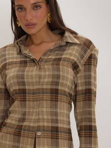 MUSEYN Checked Shoulder Pads Back Cinch Detail Shirts Versatile Everyday Casual Fall - Multicolor - View 5
