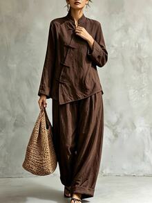 Trelyra Women's Frog Button Design Long Sleeve Shirt And Wide Leg Pants Chinese Style Elegant 2 Pieces Set - Brown - View 4