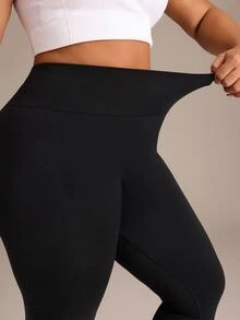 SHEIN Rhythm Era Plus Size Women's Solid Color Casual Daily Wear Sports Tight Leggings - Black - View 5
