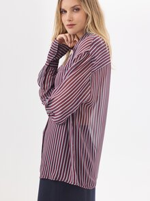 KÆRIA Hus Sheer Long Sleeve Button-Up Shirt - Chiffon - Burgundy & Blue Stripe - Relaxed, Workwear, Elegant - Pink - View 3