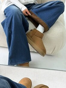 Coolane 女款秋季抓絨內裡水藍色高腰寬腿牛仔褲，復古街頭風休閒保暖寬鬆長褲，日常穿搭 - 藍色 - 查看 5