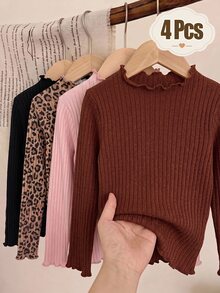 Elladie kids 4pcs Girls Autumn/Winter Ribbed Solid Color & Leopard Print Ruffle Long Sleeve Tops, Cute T-Shirt Undershirts Spring/Autumn, Versatile Fashion Tops - Multicolor - View 5