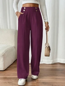 SHEIN PETITE CURVE Plus Size Women's Double Buckle Straight Leg Elegant Commuter Pants Fall - Red Violet - View 3