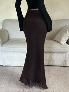 Aloruh Women's Autumn/Winter Brown Lace Patchwork Fitted Mermaid Sweater Dress - Brown - View 2