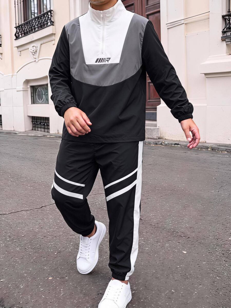 SHEIN 2件組兒童青少年男孩休閒運動拼接色立領夾克與黑色長褲套裝,適合秋季、學校、家庭聚會、度假、派對,秋季穿搭、冬季穿搭,男孩套裝 - 彩色 - 查看 1