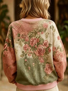 EMERY ROSE 大尺碼女款復古花卉印花長袖休閒日常秋冬圓領衛衣 - 白色 - 查看 2