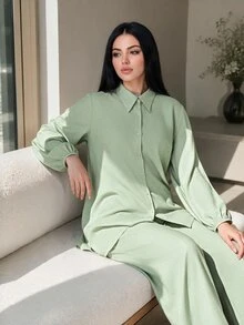 Auveirra Plus Size Women Solid Color Long Sleeve Top And Pants Casual Daily 2 Pieces Set - Green - View 3