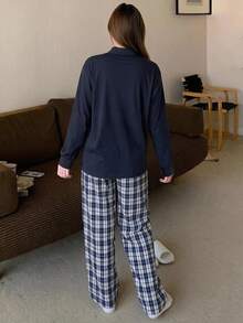 DAZY 女款牛仔長袖上衣與拼接長褲休閒日常居家服套裝 - 藏蓝色 - 查看 2