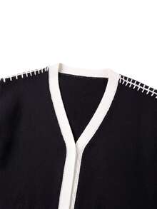 SHEIN LUNE Áo cardigan nữ size lớn phối màu, phong cách thường ngày, đa năng, mặc hàng ngày - Đen và trắng - Xem 3