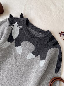Comfortcana Women's Cute Korean Style Cat Jacquard Long Sleeve Sweater - Grey - View 7