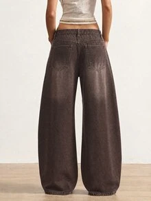 Bohemela Celana Jeans Denim Saku Kancing Desain Fashion Wanita - Coklat - View 2
