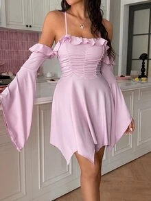SweetSlumber Sweet Romantic Asymmetrical Off-Shoulder Ruched A-Line Frill Trim Women's Nightgown - Pink - View 2