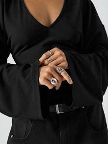 LYSMO Autumn/Winter New 95% Cotton Flare Sleeve Women's Blouse Black Solid Color - Black - View 8