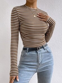 SHEIN Frenchy 女款韓式條紋拼色長袖圓領T恤 - 棕色 - 查看 3