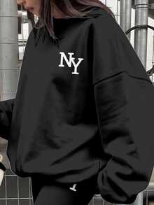 復古氛圍 NY 字母圖案，青少年女孩圓領休閒落肩衛衣與修身內搭褲兩件套，秋冬穿搭，街頭風，休閒校園風，美式復古，Y2K 童裝，韓系童裝，美式高中校園風，字母印花，奶牛圖案套裝，寬鬆運動套裝 - 彩色 - 查看 4