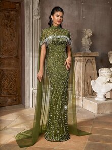Aureia Elegant Champagne Sequin Embroidered Mesh Patchwork Stand Collar Shawl Strapless Long Evening Gown - Green - View 6