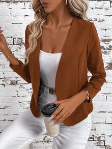 SHEIN Clasi 女款優雅開襟百褶長袖百搭黑色外套 - 鏽棕色 - 查看 6