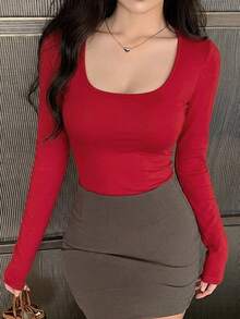 DAZY 女款素色修身百搭日常長袖T恤 - 紅色 - 查看 5