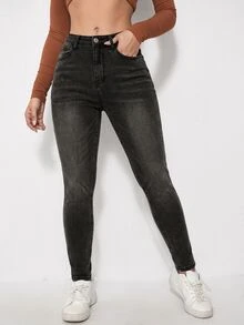SHEIN Essnce 女款修身休閒百搭牛仔褲，附口袋 - 黑色 - 查看 3
