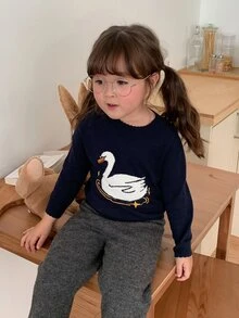 DAZY Infant Girl Round Neck Cartoon Long Sleeve Color Block Autumn Winter Sweater - Navy Blue - View 5