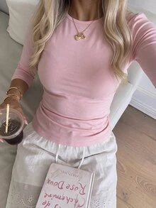 CovetEZ 女款圓領中袖簡約粉色百搭修身短版側開衩T恤，適合秋季，Y2K風格 - 淺粉色 - 查看 3