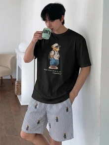 DAZY 夏季印花 T 恤與條紋短褲男士居家休閒套裝 - 黑色 - 查看 4