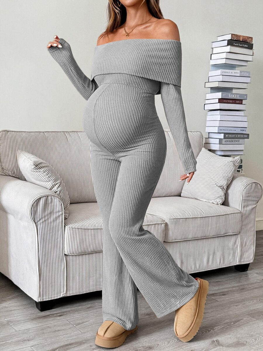 SHEIN Maternity Simple Comfortable One-Shoulder Jumpsuit Long Pants For Daily Wear Fall - Grey - View 1