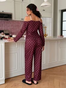SweetSlumber Women's Heart Print Knit Fabric Long Sleeve Pants Pajama Set - Red and White - View 2