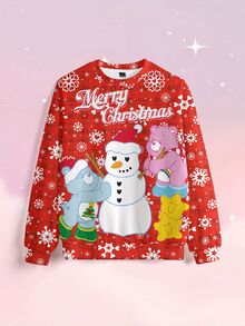 SHEIN X Care Bears Christmas Cute Bear Snowflake Red Plaid All-Over Print Women's Sweatshirt Full Pattern - White - View 3