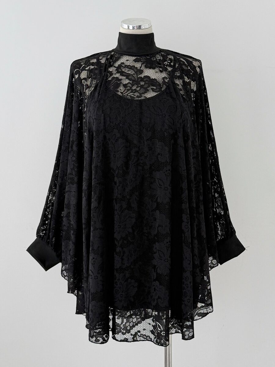 Sunspun Fashion High Neck Lace Batwing Long Sleeve 2 In 1 Dress Fall - Black - View 1
