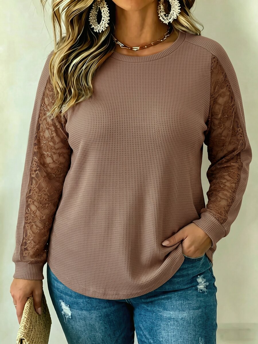 Glimmora Kaos Ukuran Besar Gaya Retro Kasual Dasar, Kain Waffle Bertekstur Warna Khaki Gelap, Leher Bulat, Lengan Panjang, dan Renda Kontras Warna Senada - Coffee Brown - View 1