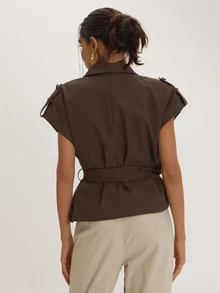 MUSEYN Brown Woven Structured Button Shoulder Tie Waist Tailored Top Versatile Everyday Casual Fall - Coffee Brown - View 4