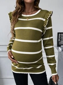 SHEIN 孕婦條紋圓領長袖拼接荷葉邊休閒毛衣 - 綠色 - 查看 4