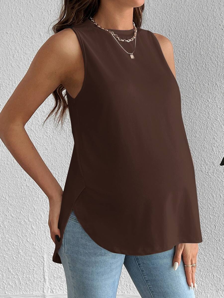 SHEIN 孕婦純色極簡百搭背心上衣，適合日常穿著 - 咖啡棕 - 查看 1