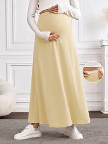 SHEIN 孕婦純色可調腰圍休閒日常裙 - 杏色 - 查看 1