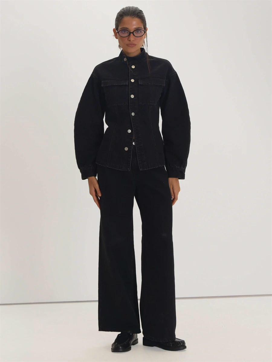 MUSEYN Black Denim Mid Rise Wide Leg Back Buckle Detail Jeans Versatile Everyday Casual Fall - Black - View 1
