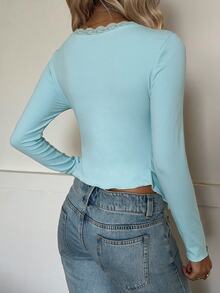 Comfortcana Women's Lace Patchwork Pleated Casual Daily Long Sleeve T-Shirt - Mint Green - View 2