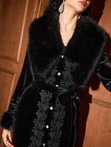 MOTF PREMIUM WOMEN'S AUTUMN/WINTER VELVET EMBROIDERED LACE TRIM FUR COLLAR LONG DRESS - Black - View 1